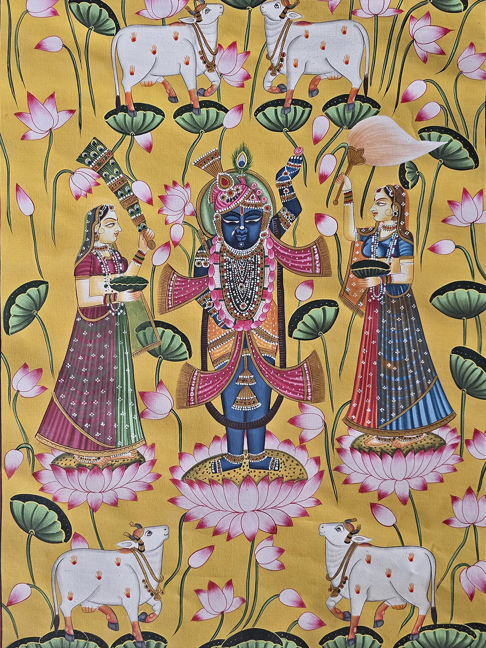 Worship Of Lord Shrinathji | Watercolor On Cotton | Pichwai Art