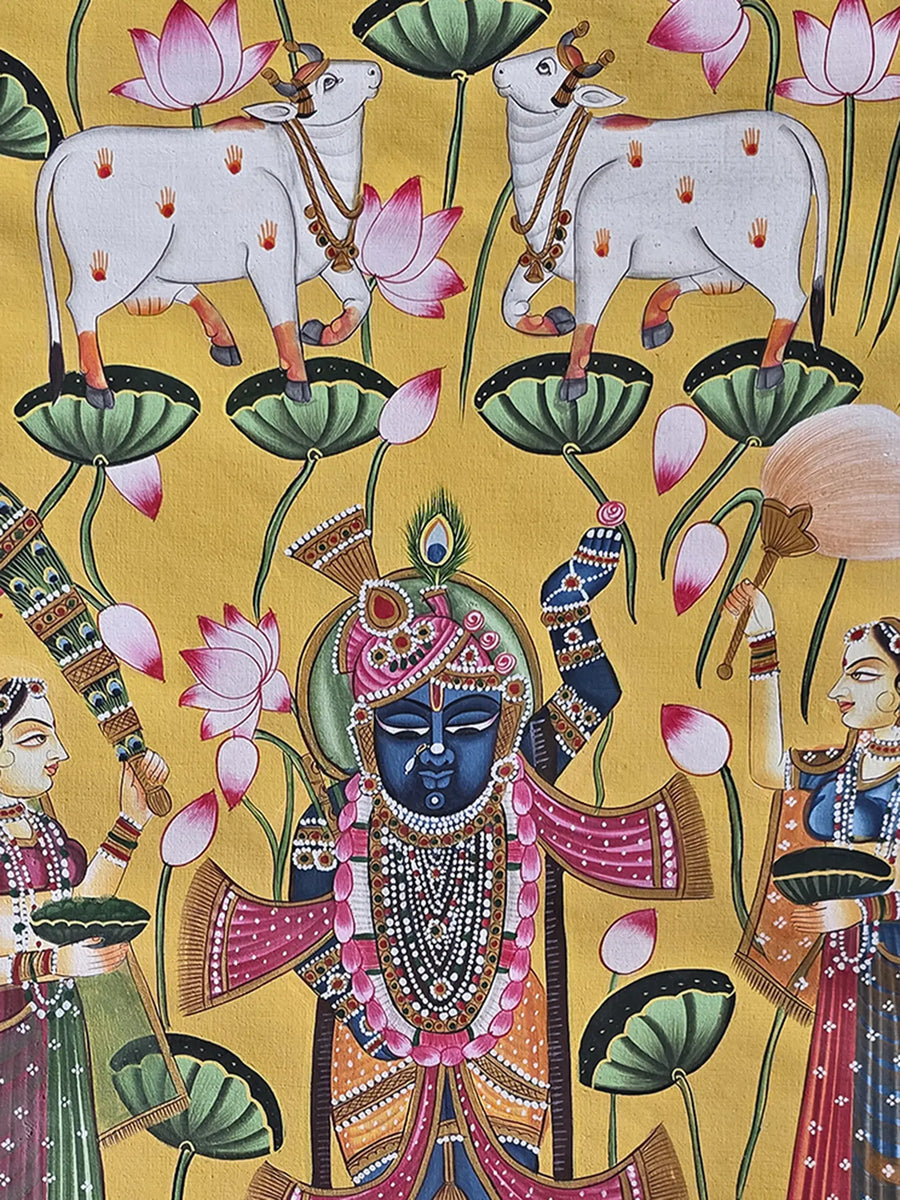 Worship of Lord Shrinathji Pichwai Painting on Cotton