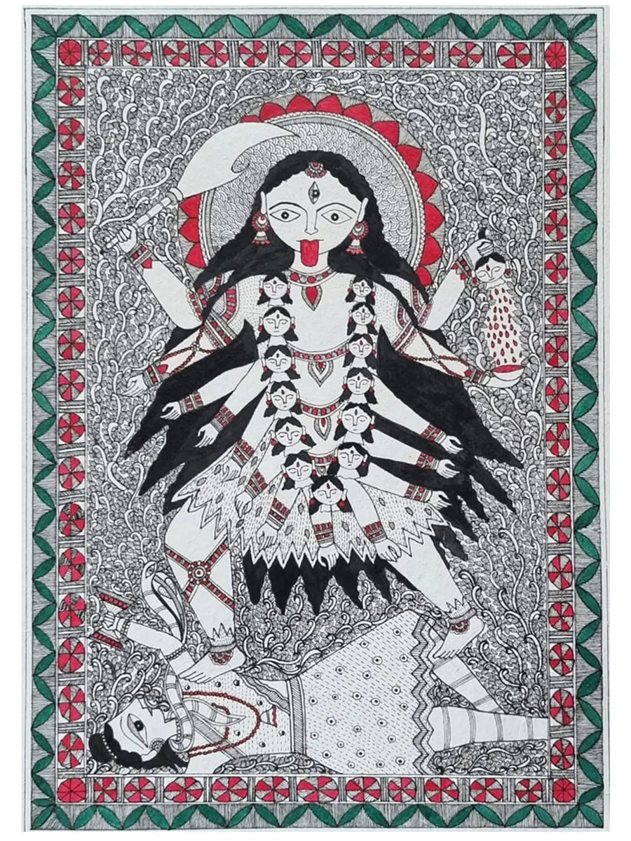 Goddess Mahakali Standing on Shiva Painting on Handmade Paper