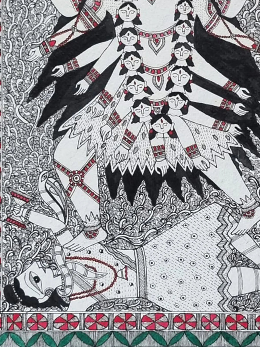 Goddess Mahakali Standing on Shiva Painting on Handmade Paper