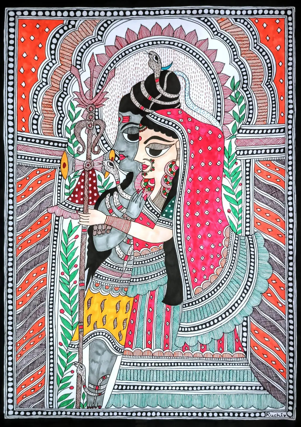 Madhubani Shiv Parvati Painting | Alcohol Markers And Fineliners On Paper | By Ruchi