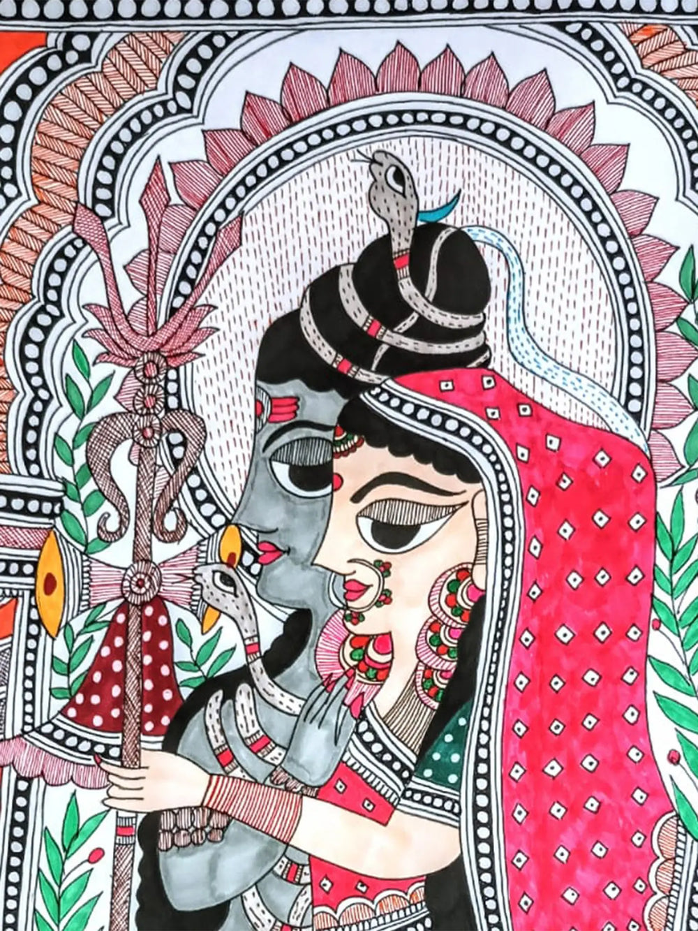 Madhubani Shiv Parvati Painting | Alcohol Markers And Fineliners On Paper | By Ruchi