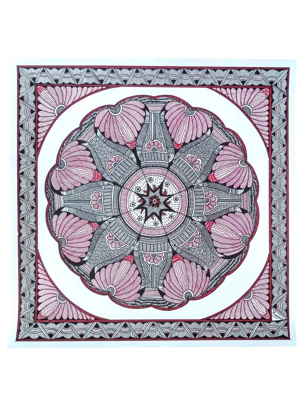Fish and Lotus Raas - Madhubani Painting | Alcohol Markers and Fineliners on Paper | by Ruchi