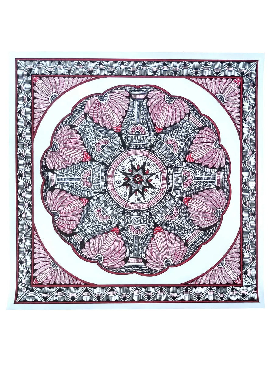 Fish and Lotus Raas Madhubani Painting by Ruchi