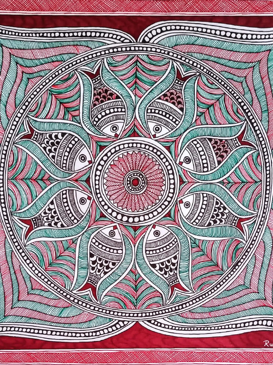 Fish Pattern Madhubani Painting on Paper by Ruchi
