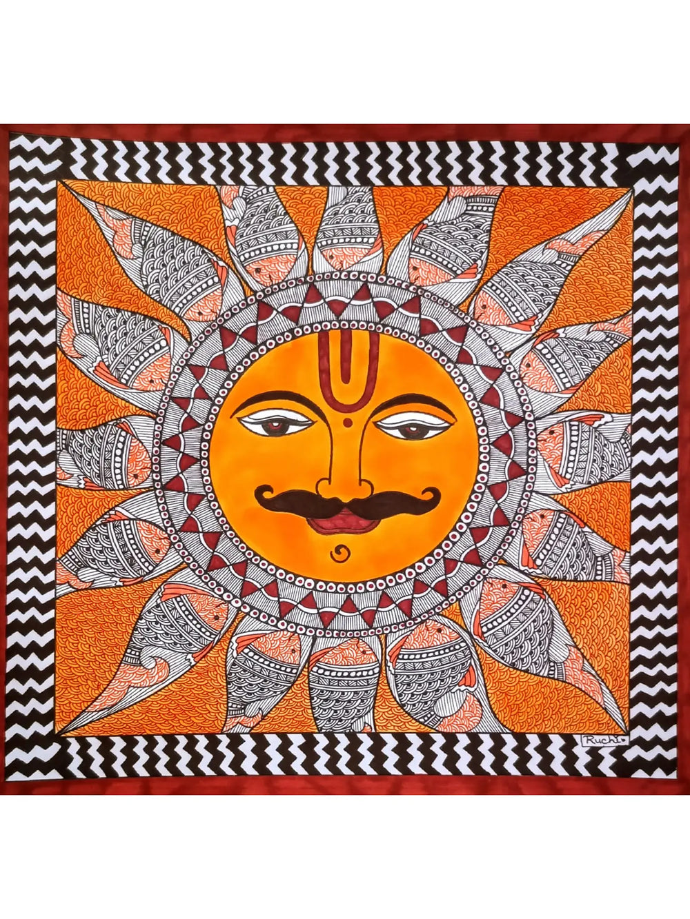 The Sun and the Fishes - Madhubani Painting | Alcohol Marker and Fineliner on Paper | by Ruchi