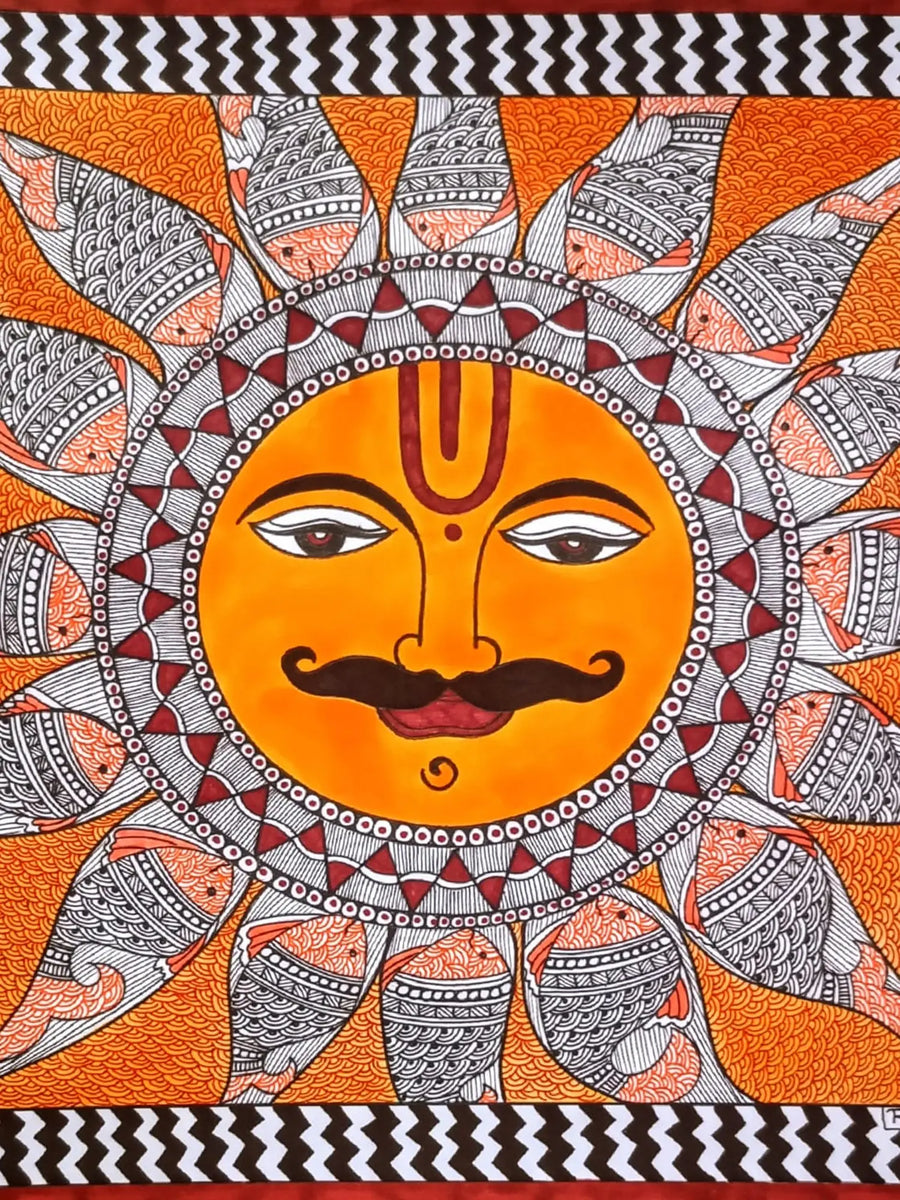 The Sun and the Fishes Madhubani Painting on Paper by Ruchi