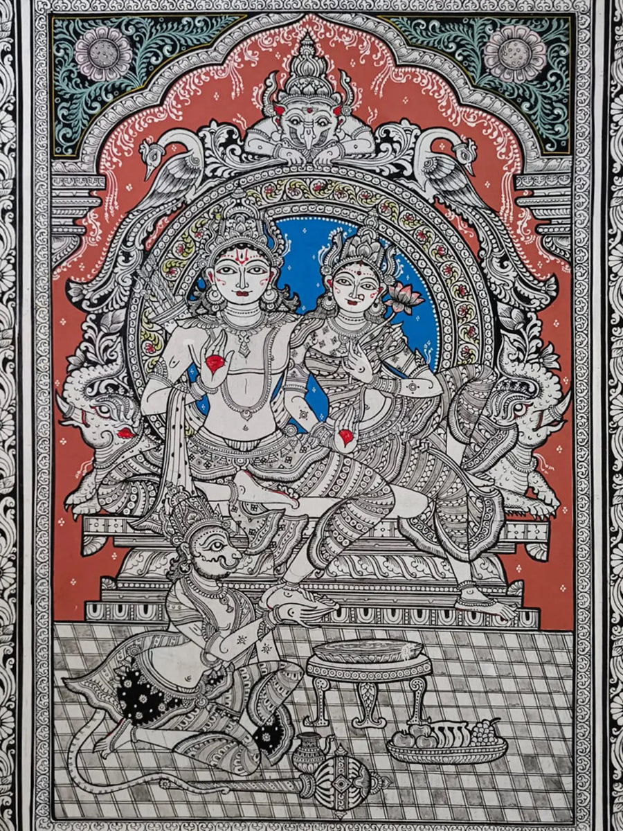 Shri Rama - Sita Seva of Hanuman Pattachitra Painting on Canvas by Akankshya Panda