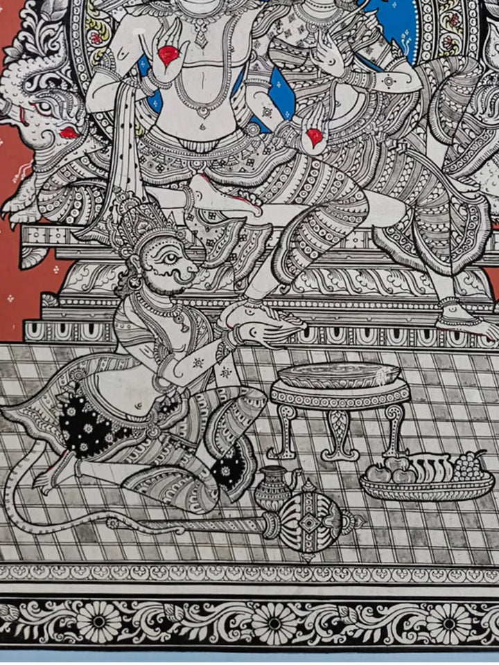 Shri Rama - Sita Seva of Hanuman Pattachitra Painting on Canvas by Akankshya Panda · view 4