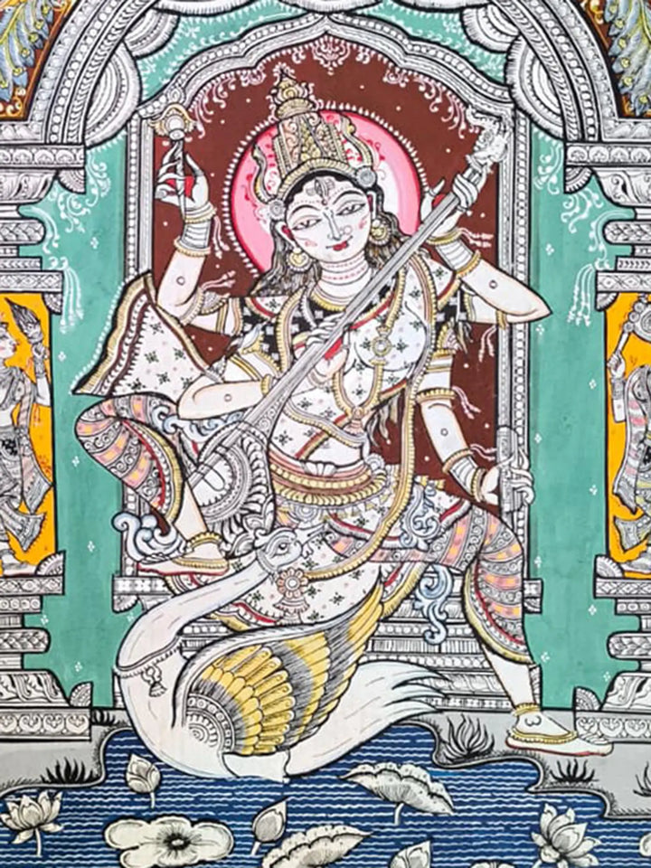 Goddess Saraswati Pattachitra Painting on Canvas by Akankshya Panda · view 2