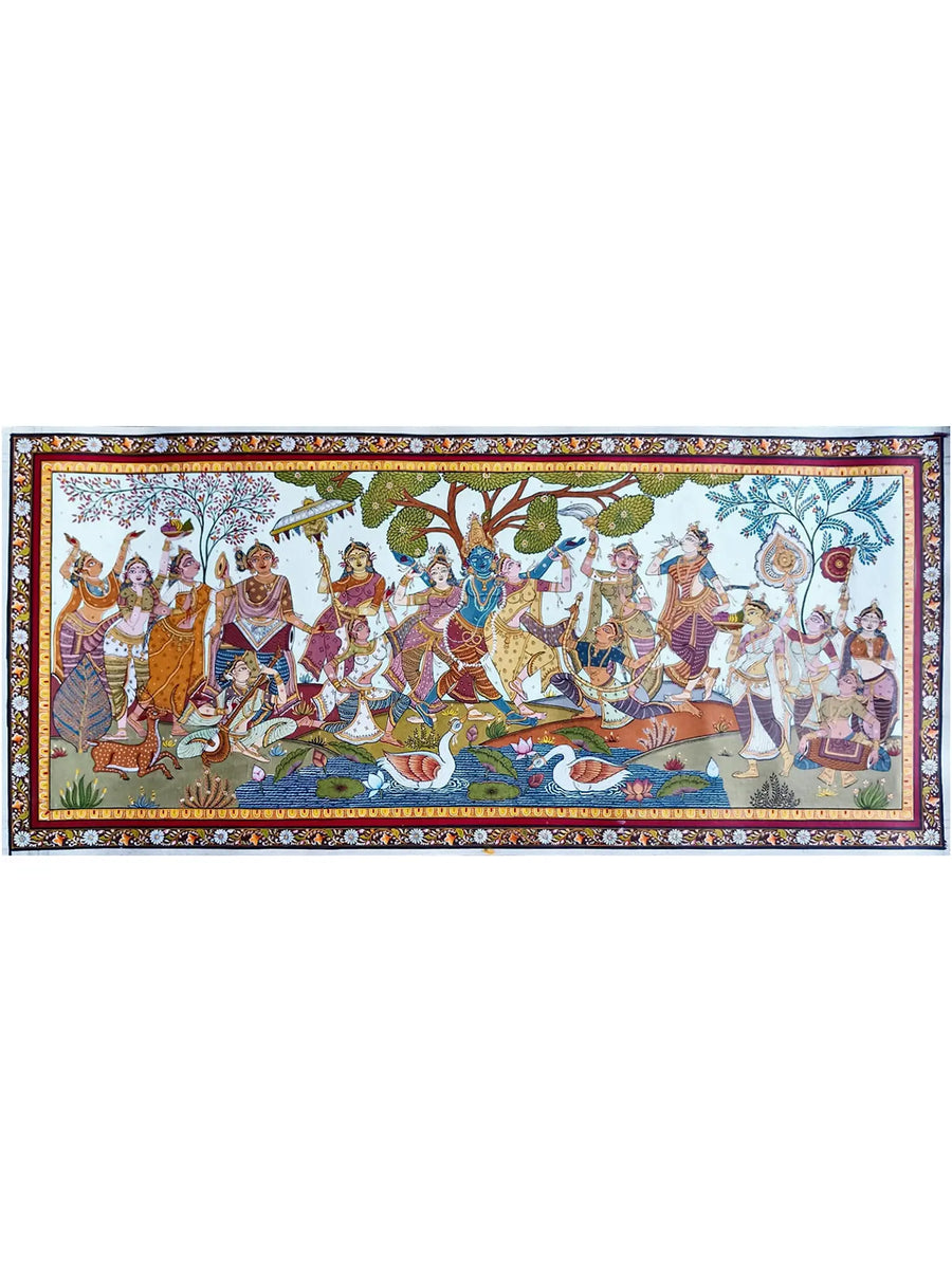 Radha-Krishna with the Gopis Pattachitra Painting on Canvas by Akankshya Panda