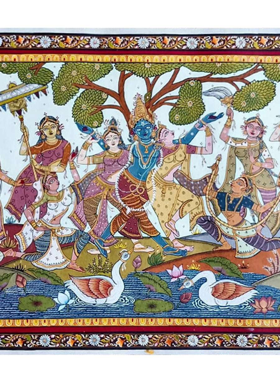 Radha-Krishna with the Gopis Pattachitra Painting on Canvas by Akankshya Panda