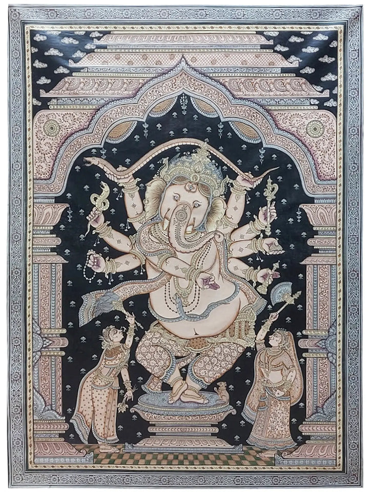 Four-Handed Dancing Ganesha Served Pattachitra Painting by Consorts Riddhi Siddhi · view 1