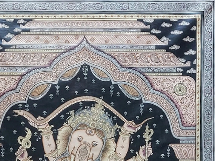 Four-Handed Dancing Ganesha Served Pattachitra Painting by Consorts Riddhi Siddhi · view 4