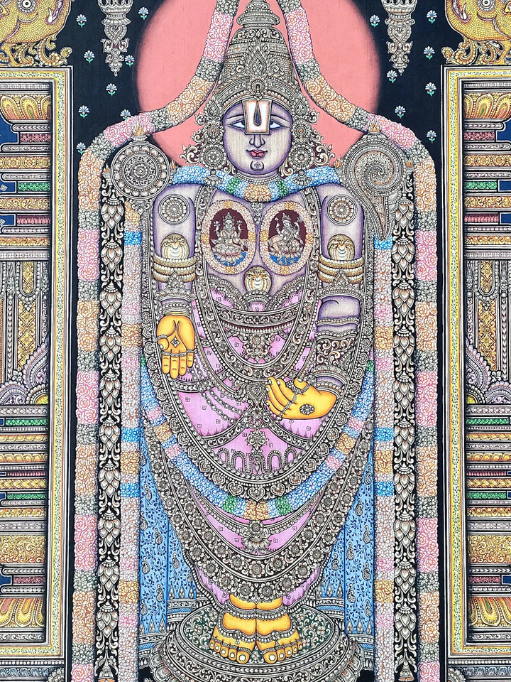 Standing Lord Balaji (Venkateswara) with Lakshmi and Saraswati Pattachitra Painting on Tussar Silk · view 2