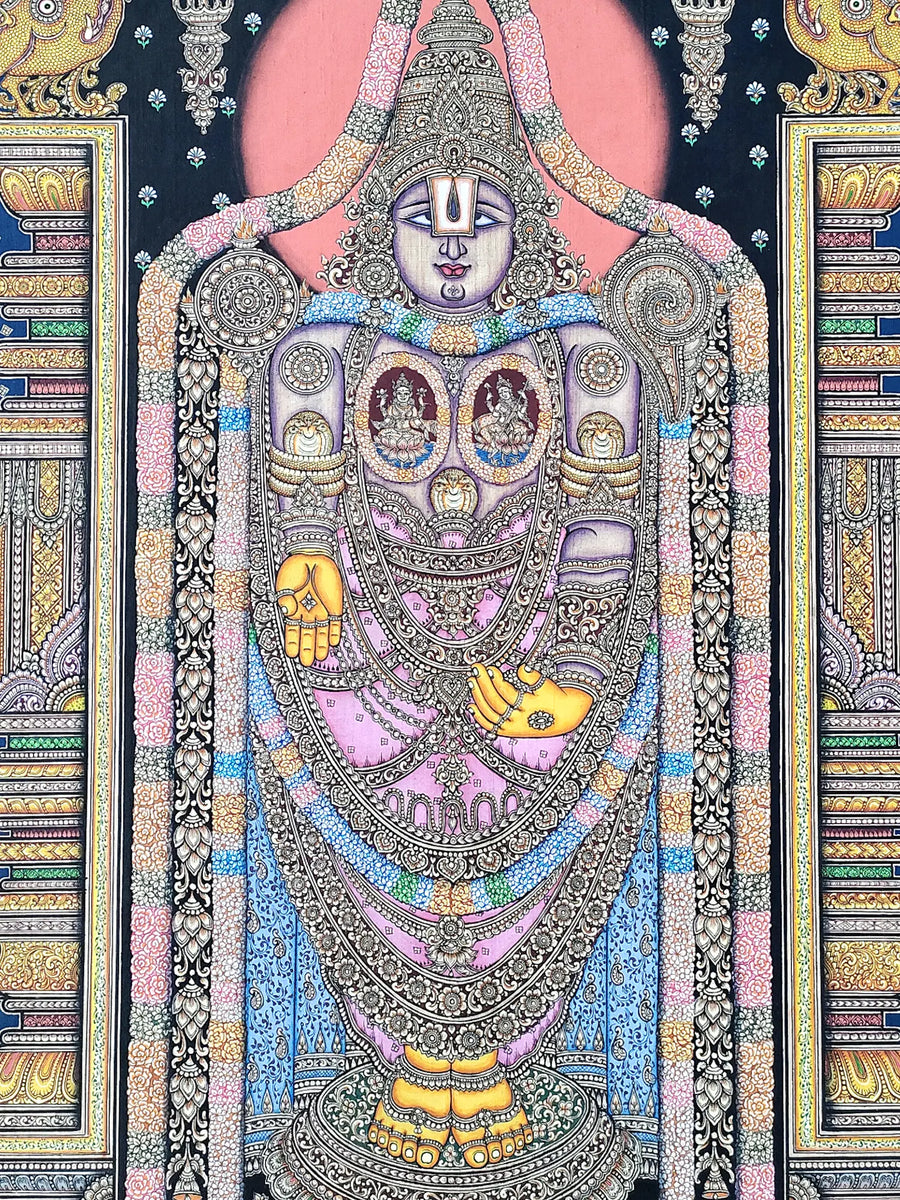 Standing Lord Balaji (Venkateswara) with Lakshmi and Saraswati Pattachitra Painting on Tussar Silk