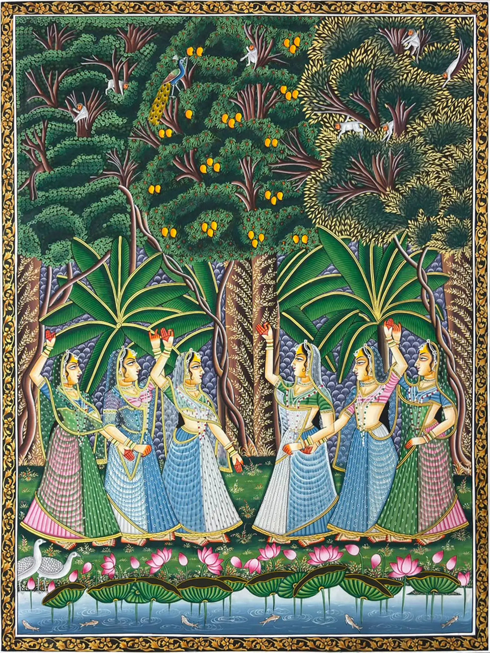 Gopis by The Pond - Handmade Pichwai Painting | Natural Colors on Cloth | By Dheeraj Munot