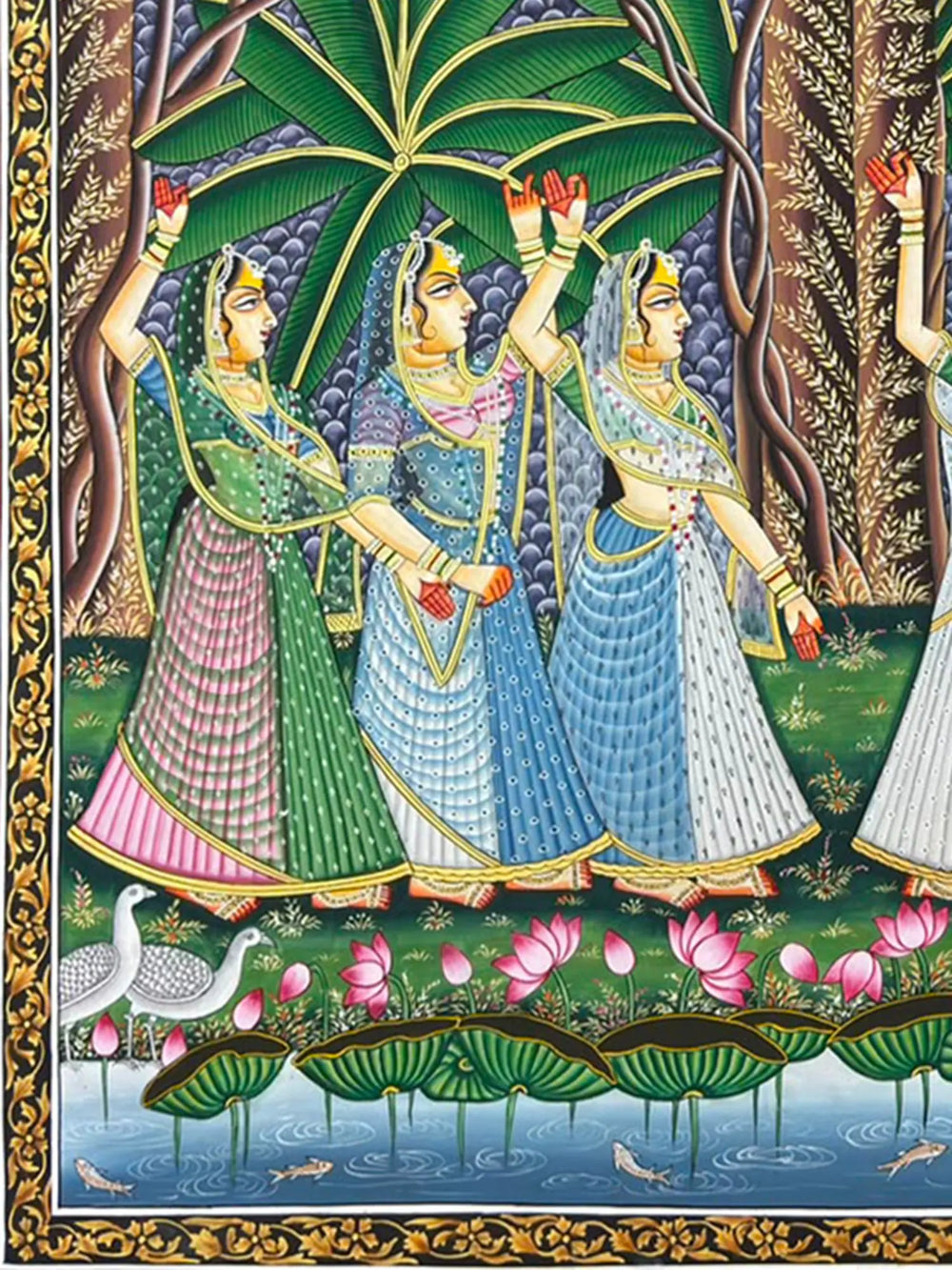 Gopis by The Pond - Handmade Pichwai Painting | Natural Colors on Cloth | By Dheeraj Munot