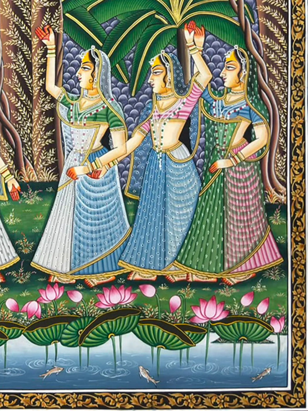 Gopis by The Pond - Handmade Pichwai Painting | Natural Colors on Cloth | By Dheeraj Munot