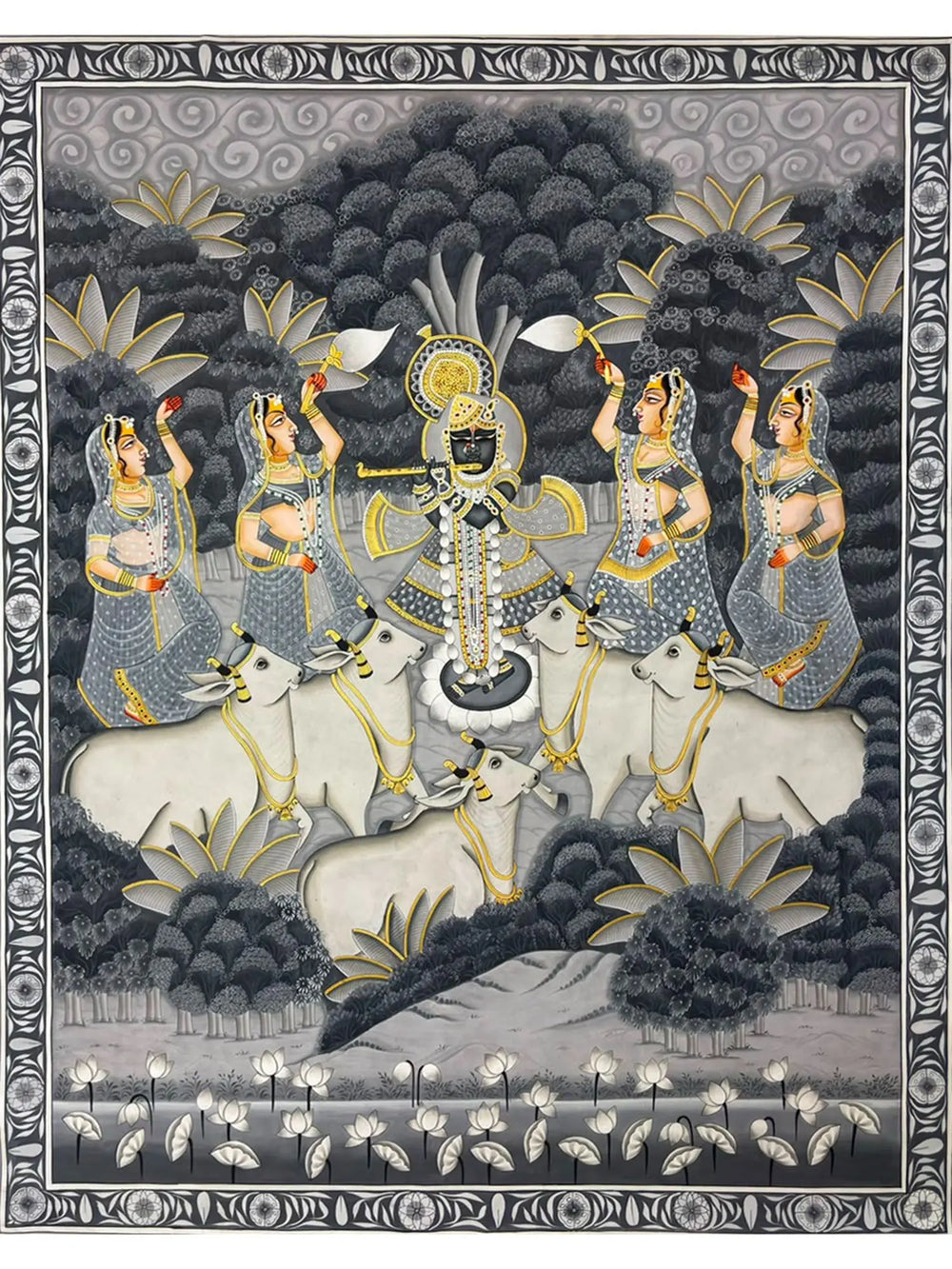 Shrinathji with Gopis and Cows - Handmade Pichwai Art | Natural Colors on Cloth | By Dheeraj Munot