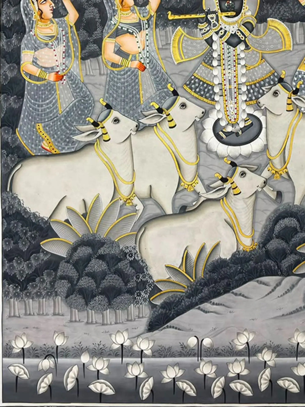 Shrinathji with Gopis and Cows - Handmade Pichwai Art | Natural Colors on Cloth | By Dheeraj Munot