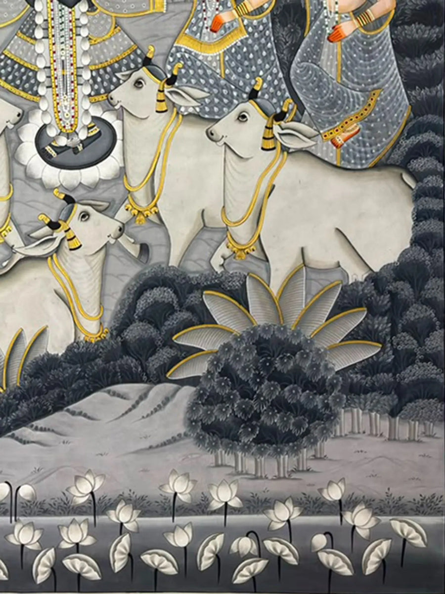 Shrinathji with Gopis and Cows - Handmade Pichwai Painting on Cloth