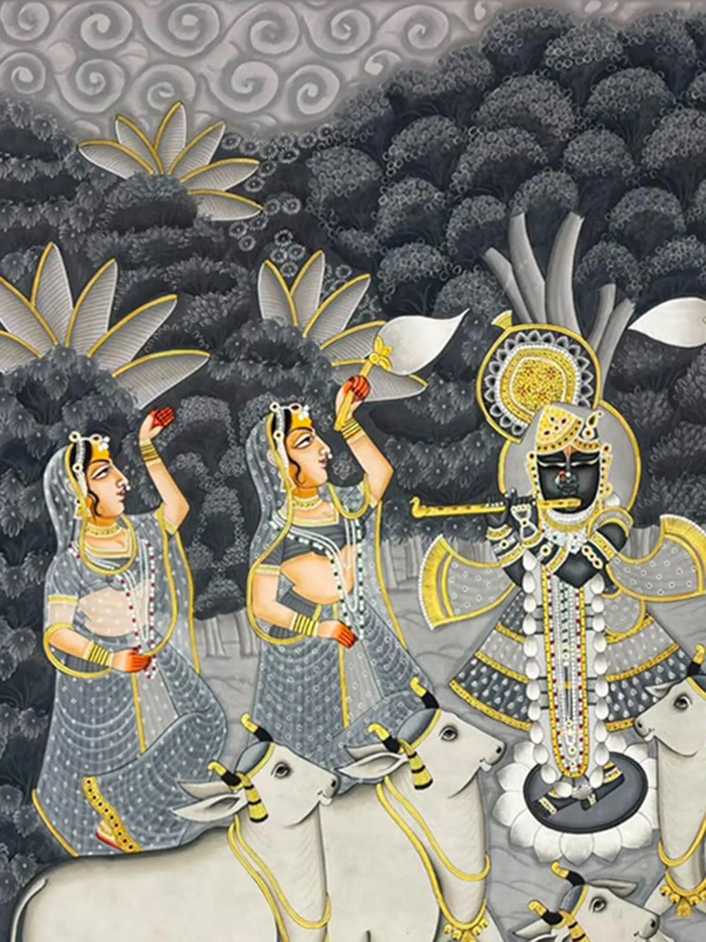 Shrinathji with Gopis and Cows - Handmade Pichwai Art | Natural Colors on Cloth | By Dheeraj Munot