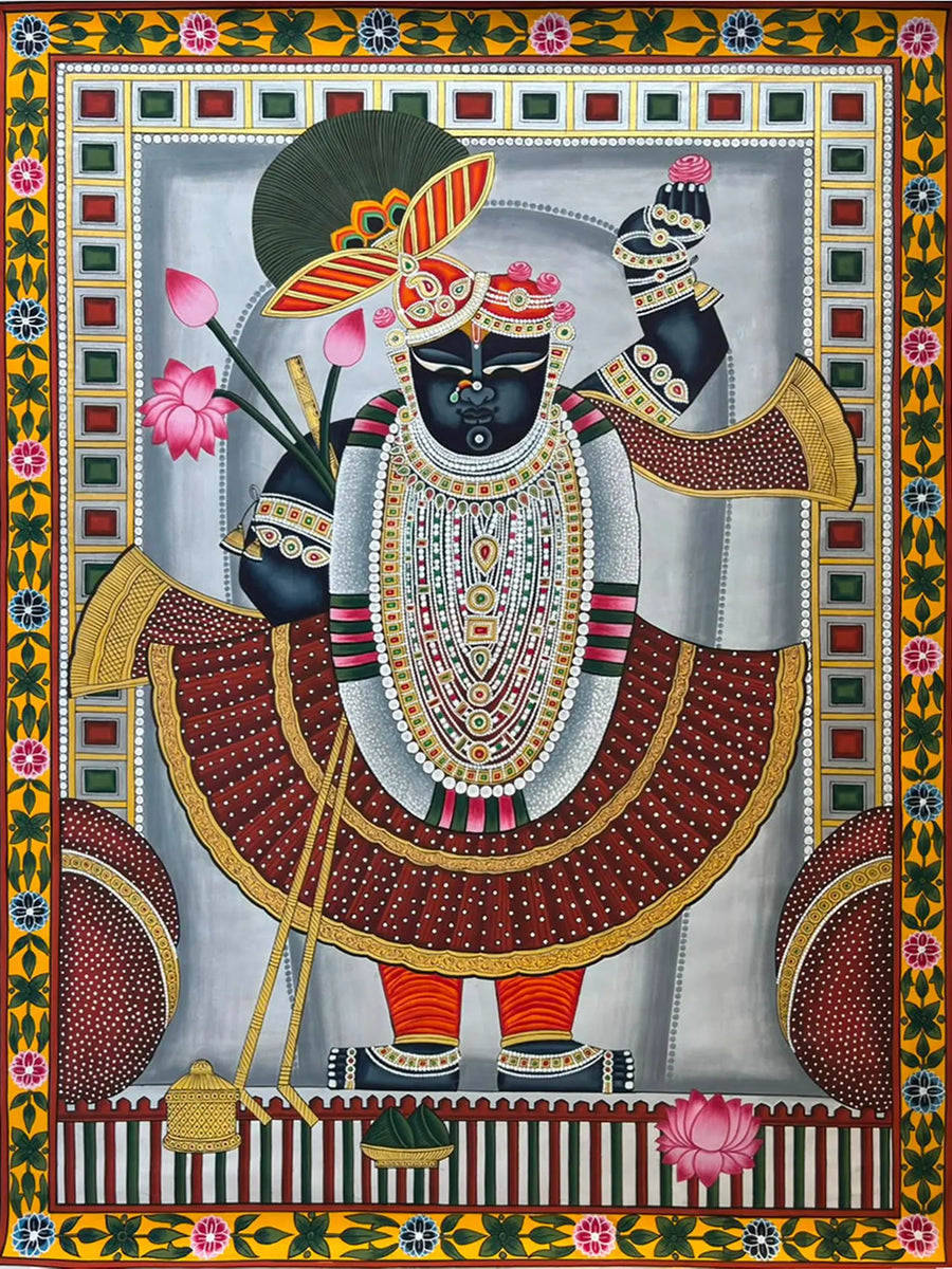 Darshan of Shrinathji Standing with Royal Turban Pichwai Painting on Cloth
