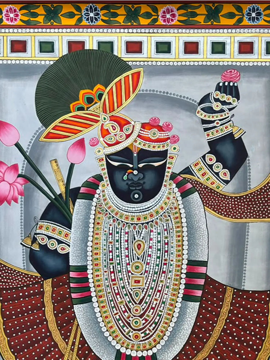 Darshan of Shrinathji Standing with Royal Turban Pichwai Painting on Cloth