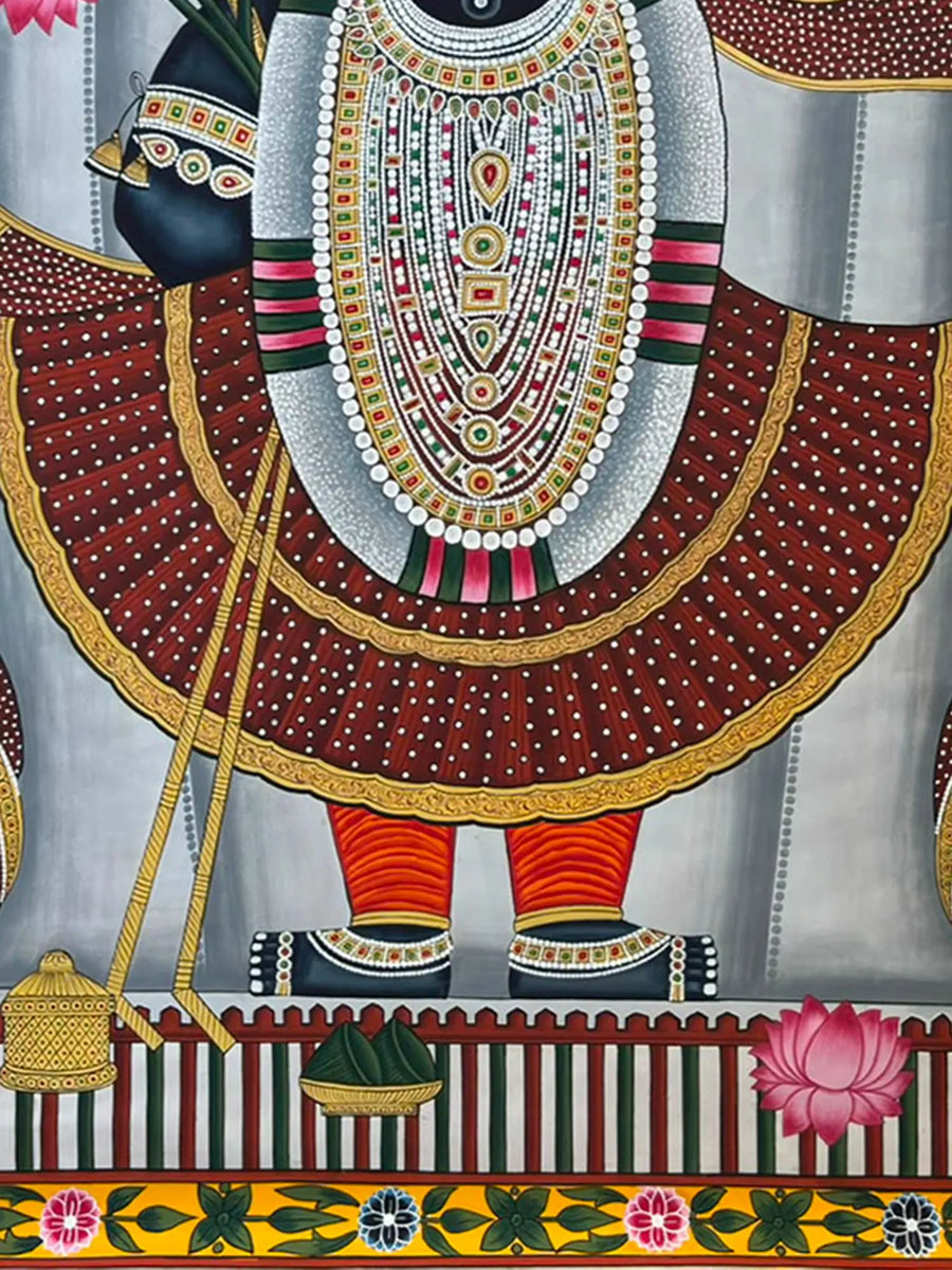 Darshan of Shrinathji Standing with Royal Turban Pichwai Painting on Cloth