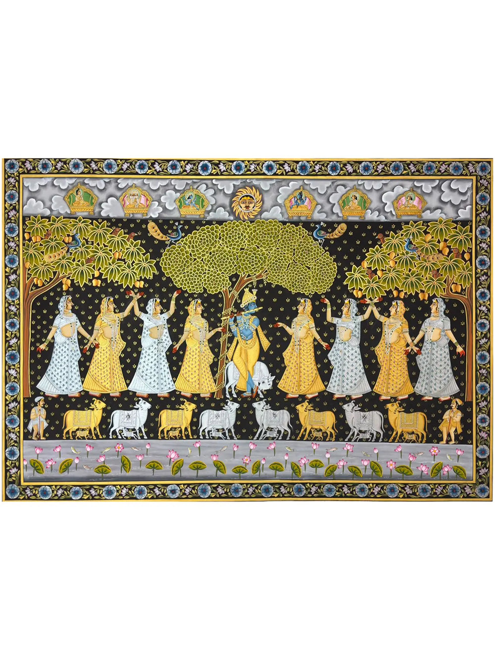 View of Raas Leela - Krishna with Gopis & Holy Cows | Natural Colors on Cloth | By Dheeraj Munot