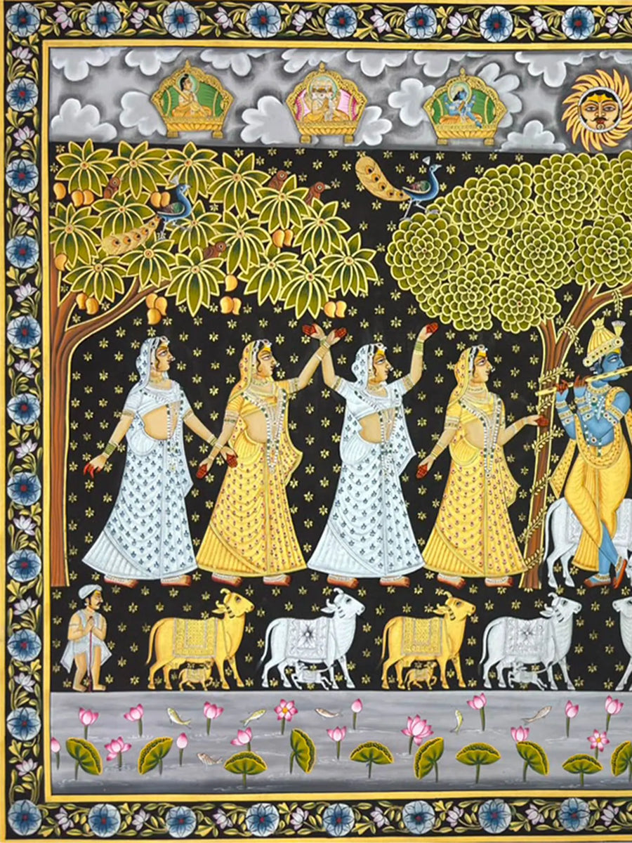 View of Raas Leela - Krishna with Gopis & Holy Cows Pichwai Painting on Cloth