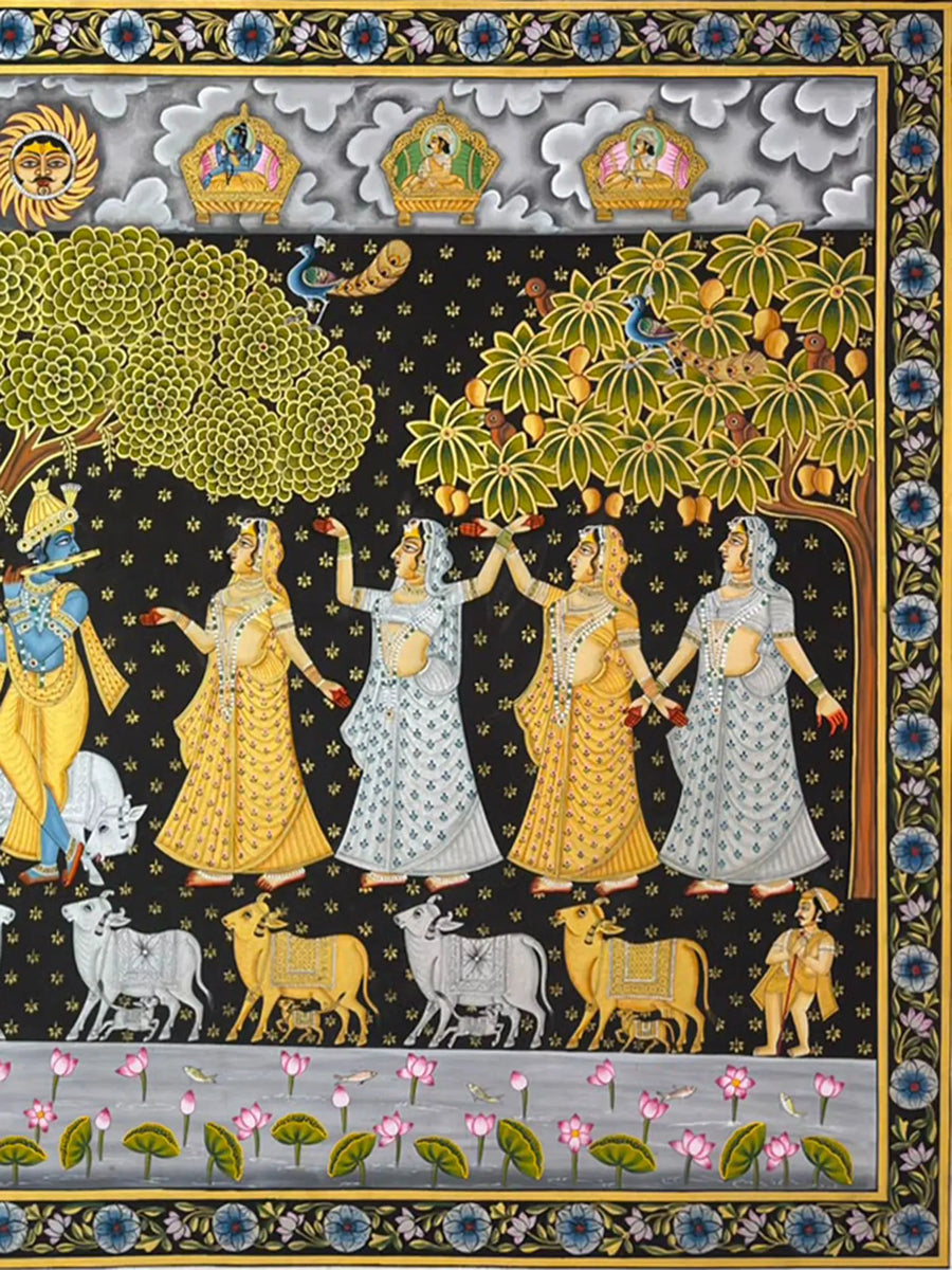View of Raas Leela - Krishna with Gopis & Holy Cows Pichwai Painting on Cloth