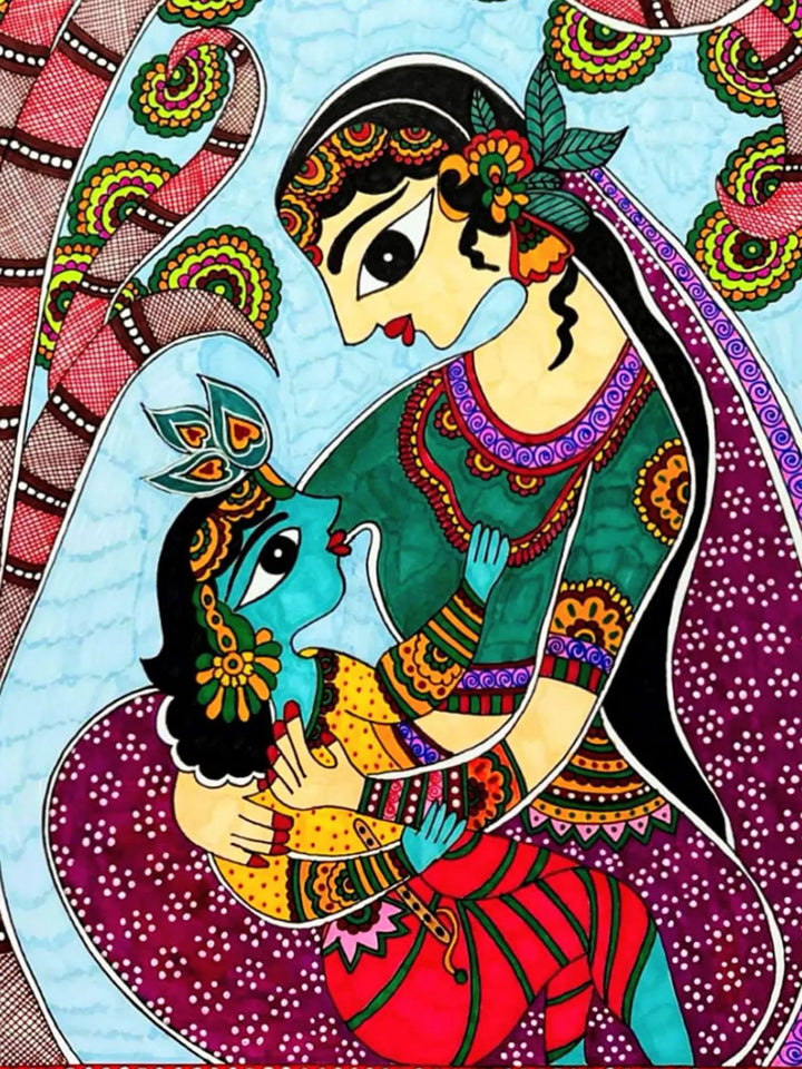Yashoda Maiya and Baby Krishna Madhubani Painting on Paper · view 2