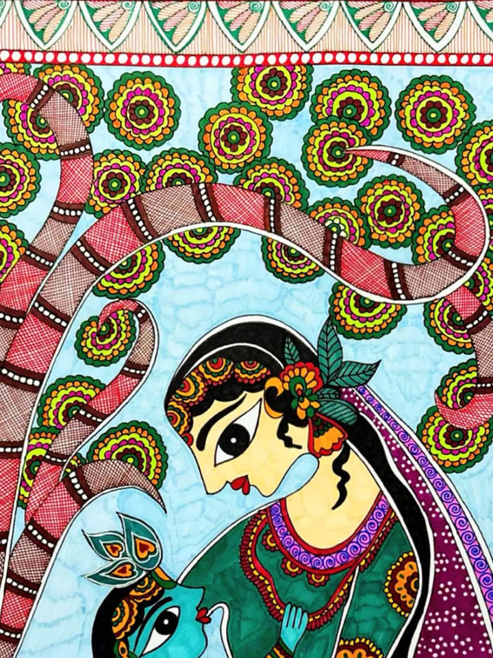 Yashoda Maiya and Baby Krishna Madhubani Painting on Paper · view 3