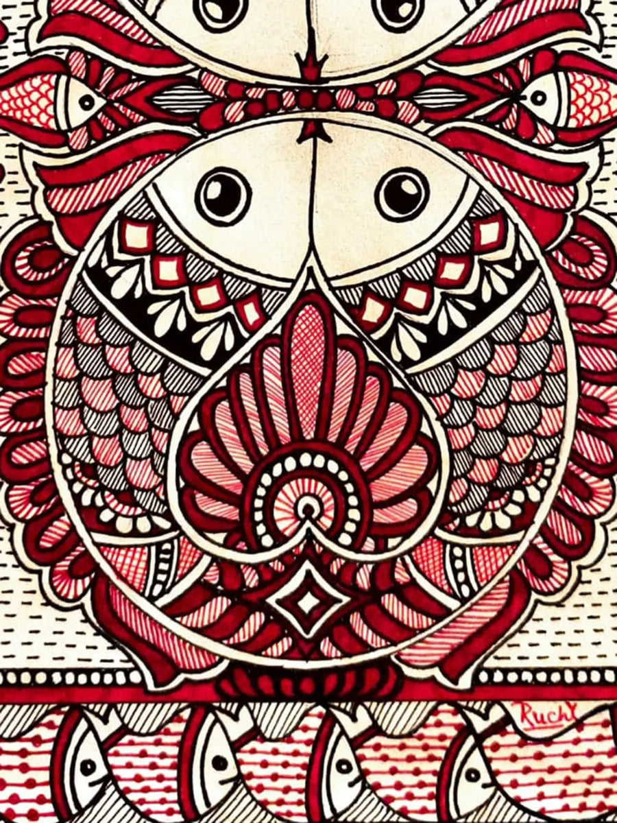 Matsya Raas in Fish Pond - Symbol of Good Luck Madhubani Painting