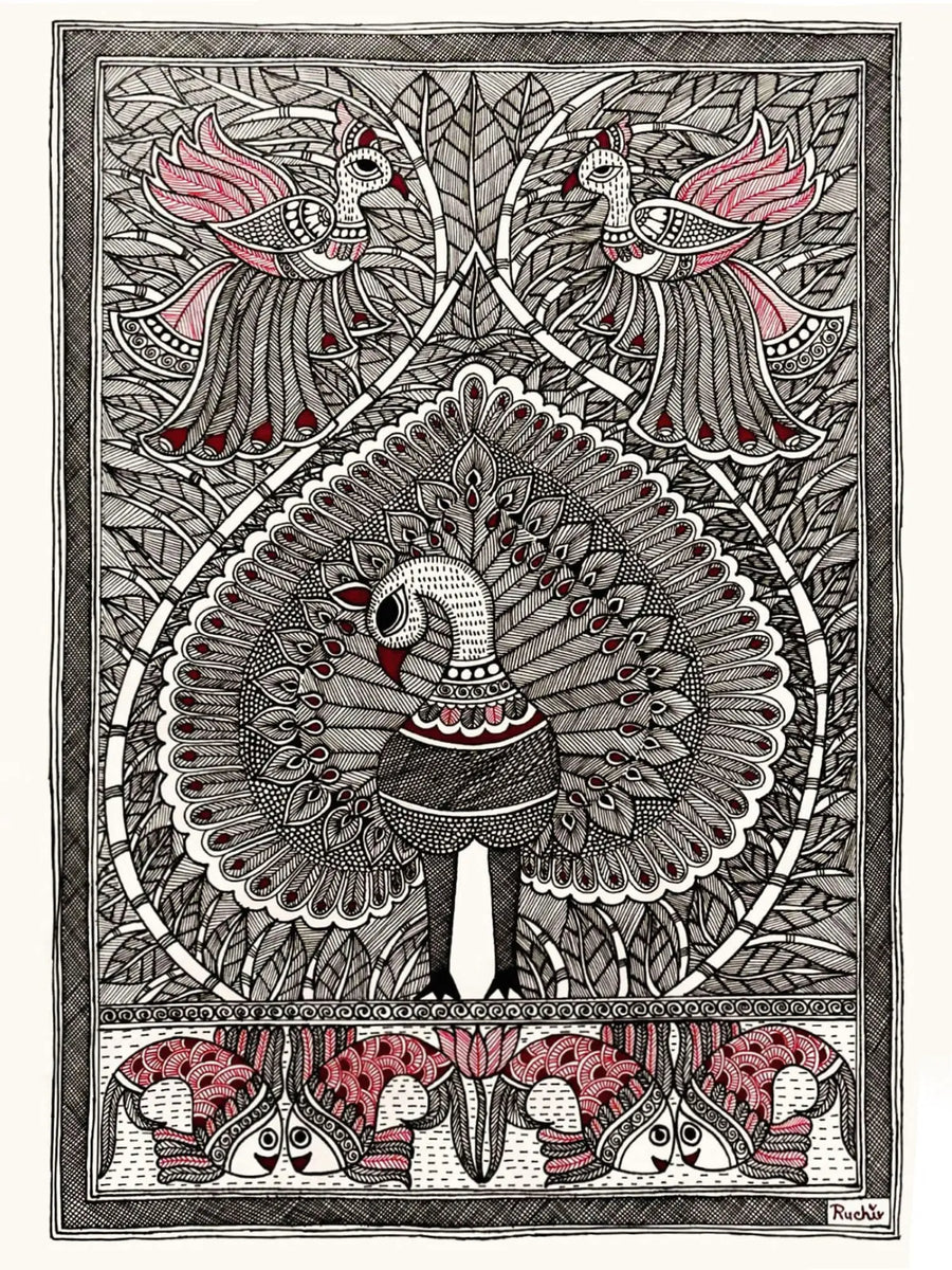 The Combination of Majestic Mayura and Matsya Raas Madhubani Painting
