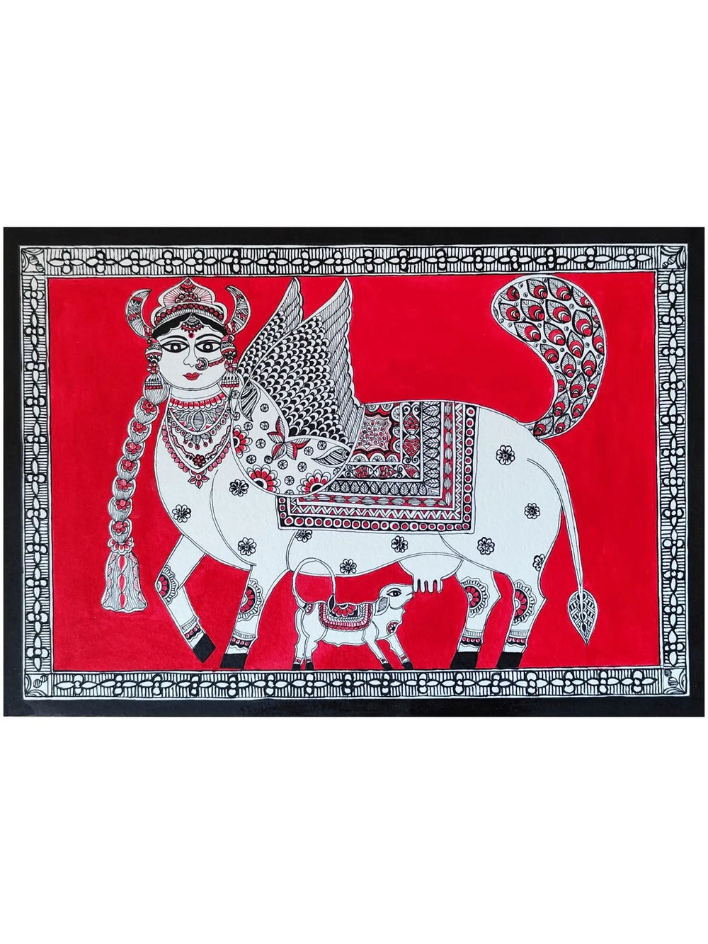 Kamdhenu Cow - Madubani Painting | Acrylic Color on Cold Pressed Paper | By Nishu Singh