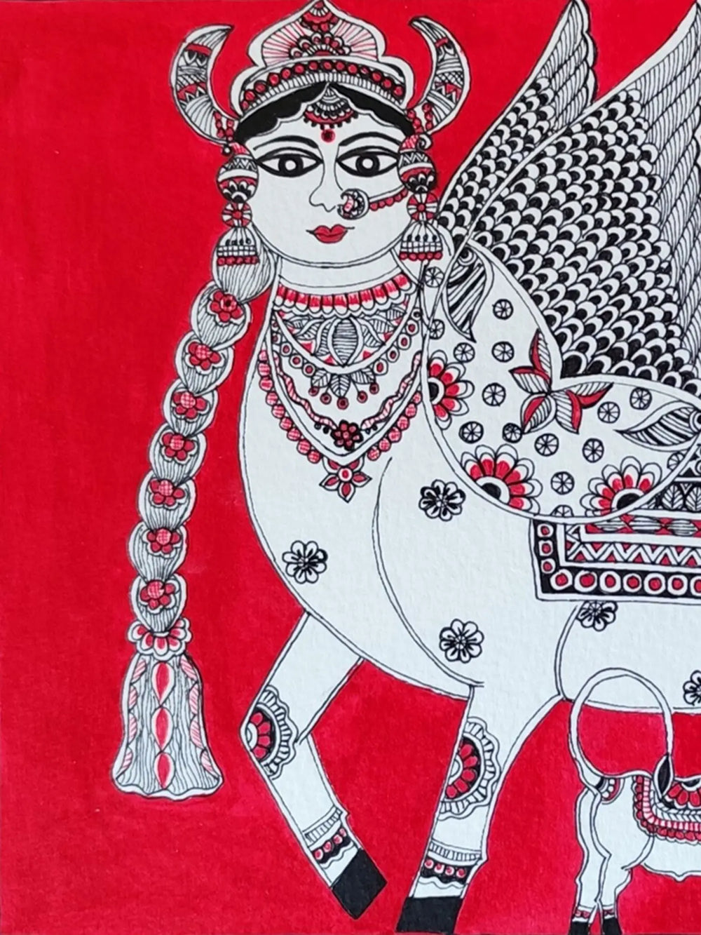 Kamdhenu Cow - Madubani Painting | Acrylic Color on Cold Pressed Paper | By Nishu Singh