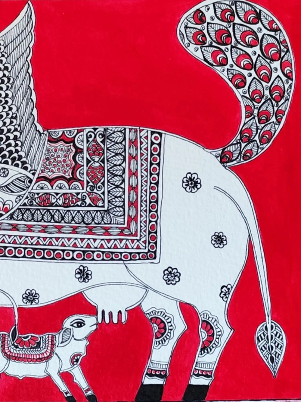 Kamdhenu Cow - Madubani Painting | Acrylic Color on Cold Pressed Paper | By Nishu Singh