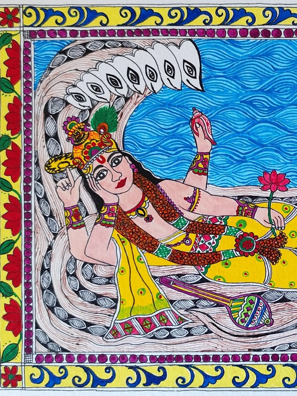 Lakshmi Narayana on Sheshnag Madhubani Folk Art Painting | Acrylic Color on Cold Pressed Paper | By Nishu Singh