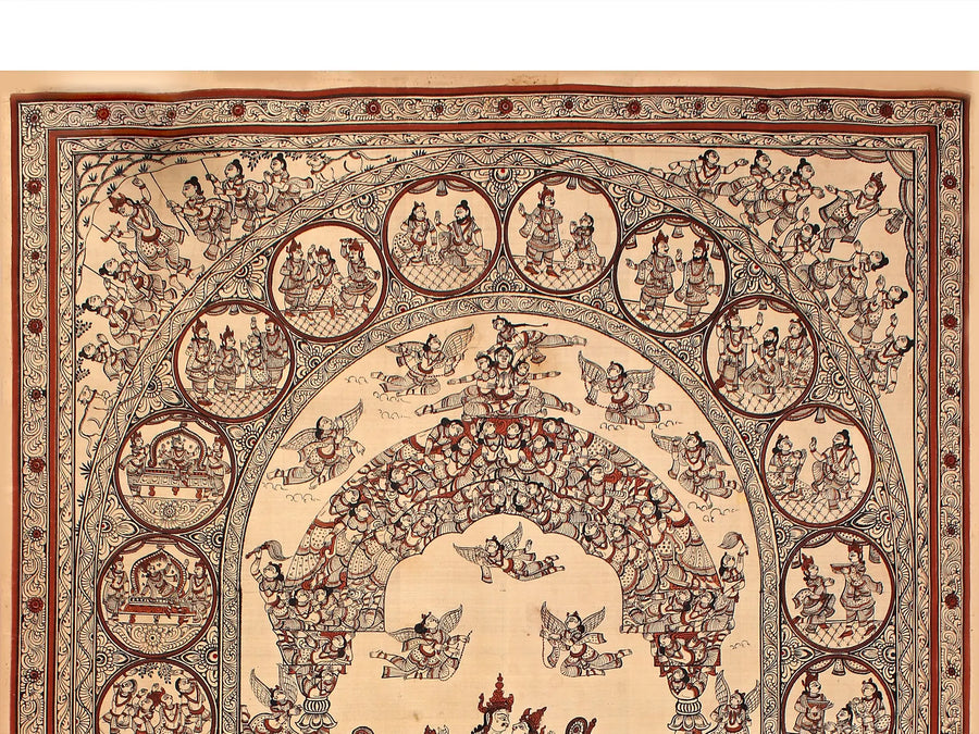Radha Krishna Being Worshipped Inside Krishna Leela Frame Painting on Tussar Silk