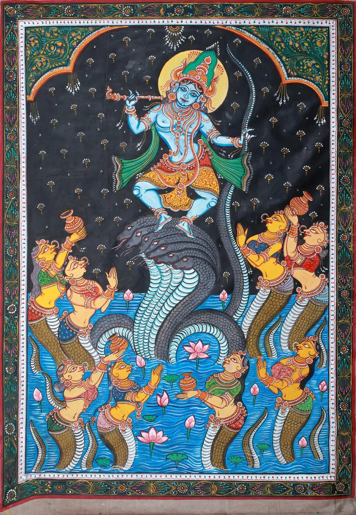 Krishna Dancing on Kaaliya Pattachitra Painting on Tussar Silk by Rabi Behera Pattachitra · view 1