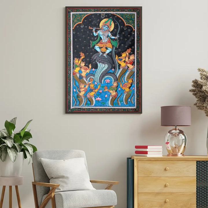 Krishna Dancing on Kaaliya Pattachitra Painting on Tussar Silk by Rabi Behera Pattachitra · view 2
