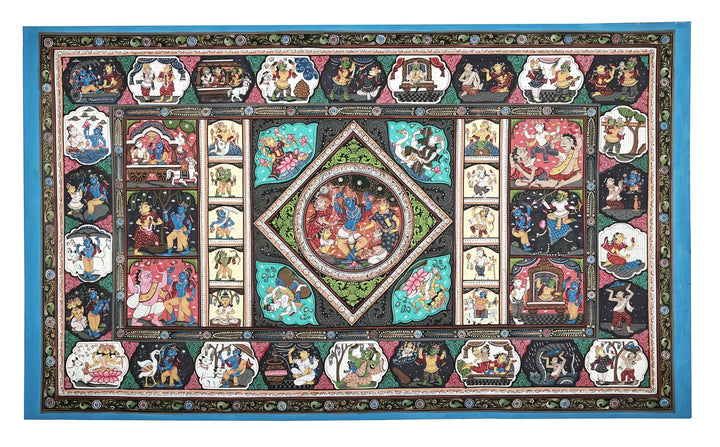 X 23" Life Events of Lord Krishna Patachitra on PATTI FOLK from the TEMPLE TOWN PURI (ORISSA) Artist Rabi Behera Pattachitra Painting · view 1