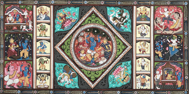 X 23" Life Events of Lord Krishna Patachitra on PATTI FOLK from the TEMPLE TOWN PURI (ORISSA) Artist Rabi Behera Pattachitra Painting · view 2