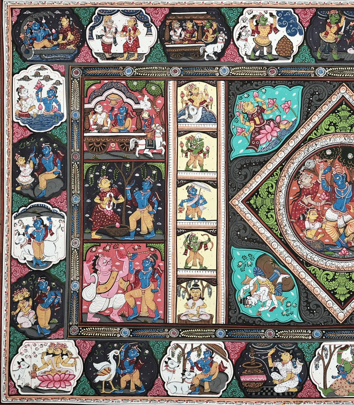 X 23" Life Events of Lord Krishna Patachitra on PATTI FOLK from the TEMPLE TOWN PURI (ORISSA) Artist Rabi Behera Pattachitra Painting · view 3