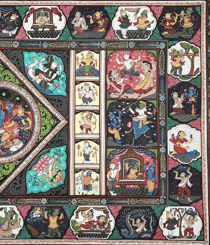X 23" Life Events of Lord Krishna Patachitra on PATTI FOLK from the TEMPLE TOWN PURI (ORISSA) Artist Rabi Behera Pattachitra Painting · view 4