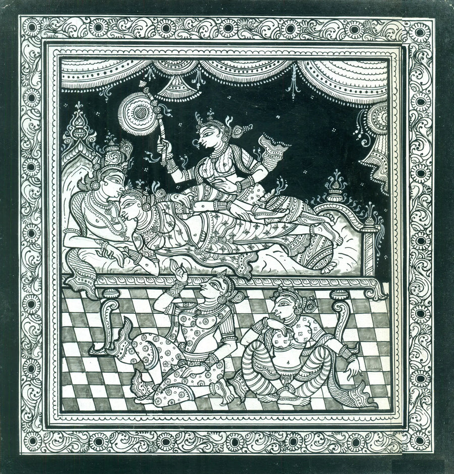 Gopies Witnessing the Fondness of Radha Krishna on Patti, Folk from the Temple Town Puri (Orissa) Painting by Rabi Behra