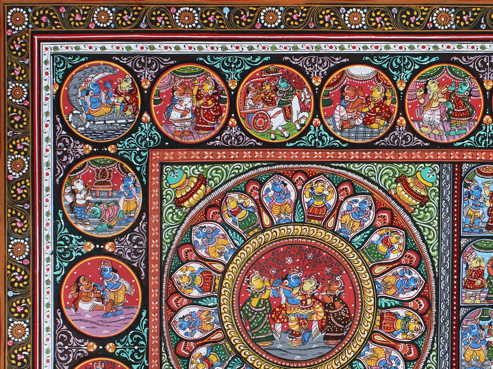 Radha Krishna with Krishna Leela Pattachitra Painting on Cloth by Rabi Behera · view 3